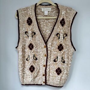 ID Distinctions L Cable Knit Sweater Vest Embroidered Argyle Cottagecore Layers